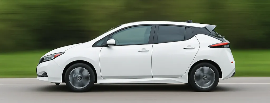 Бял Nissan Leaf в движение – електрически автомобил за продажба и наем във Варна